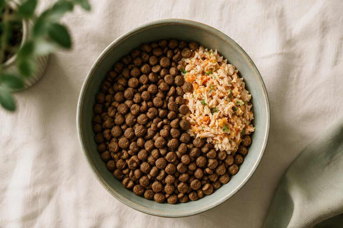 Bowl of kibble topped with shredded chicken, pumpkin and greens