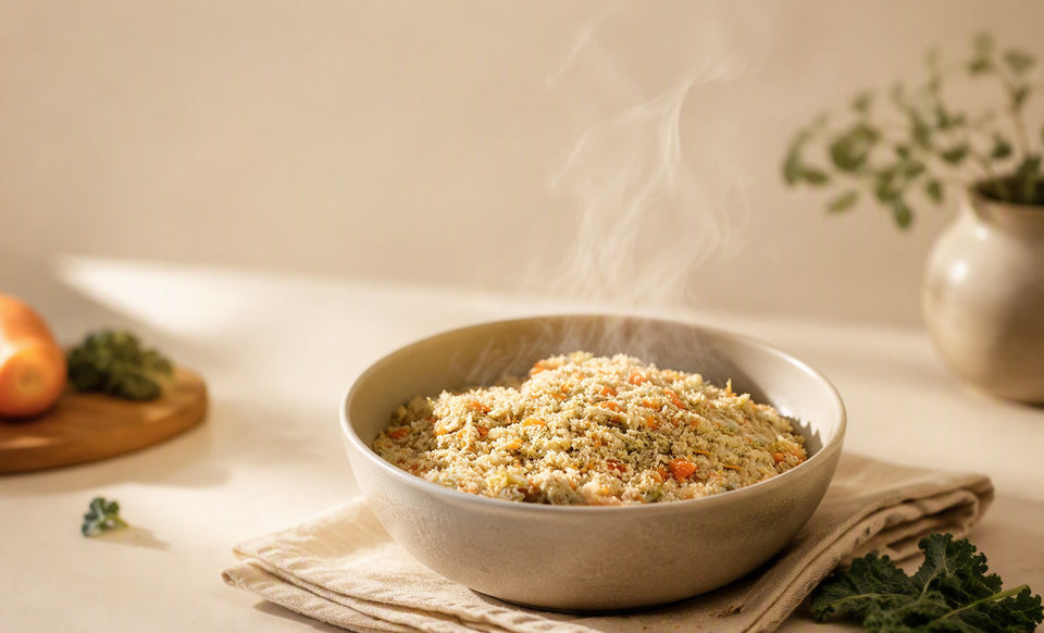 A gently slow-cooked bowl of fresh food with light steam rising